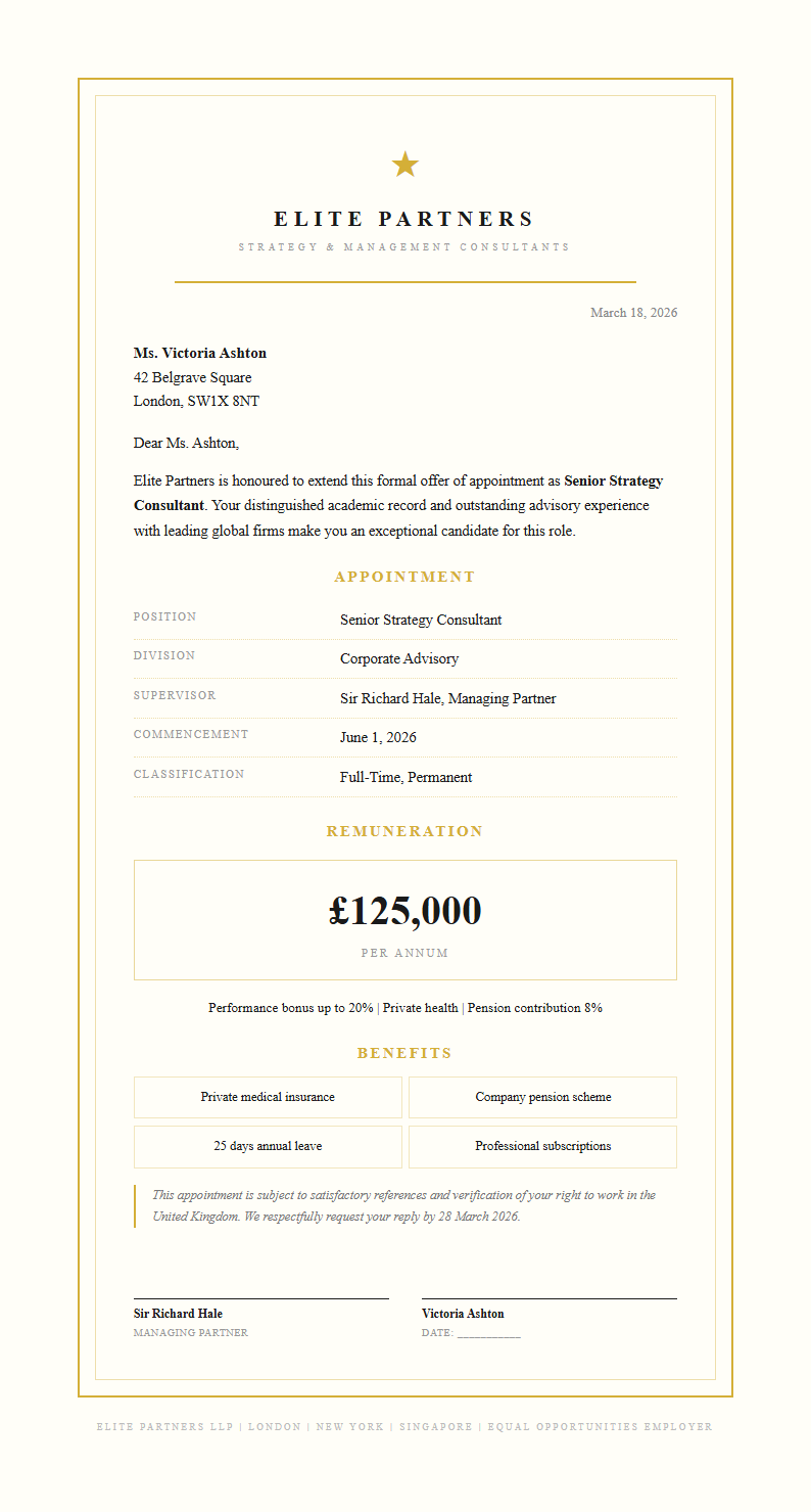 Ceremonial formal job offer letter